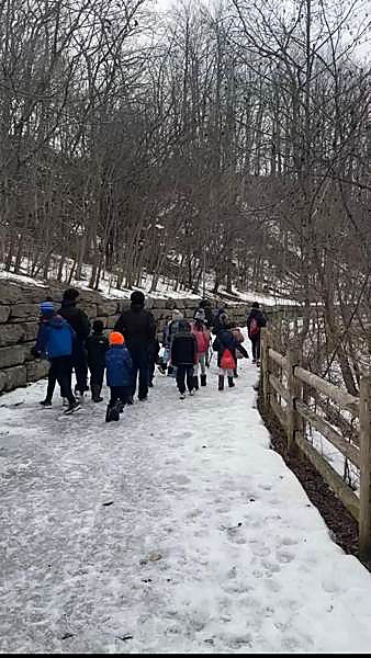 A group walking a snowy ravine trail together in winter coats and boots