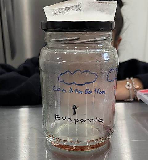 A homemade water cycle jar labelled condensation and evaporation