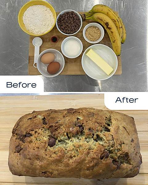 Banana bread ingredients laid out, and the finished loaf beside them