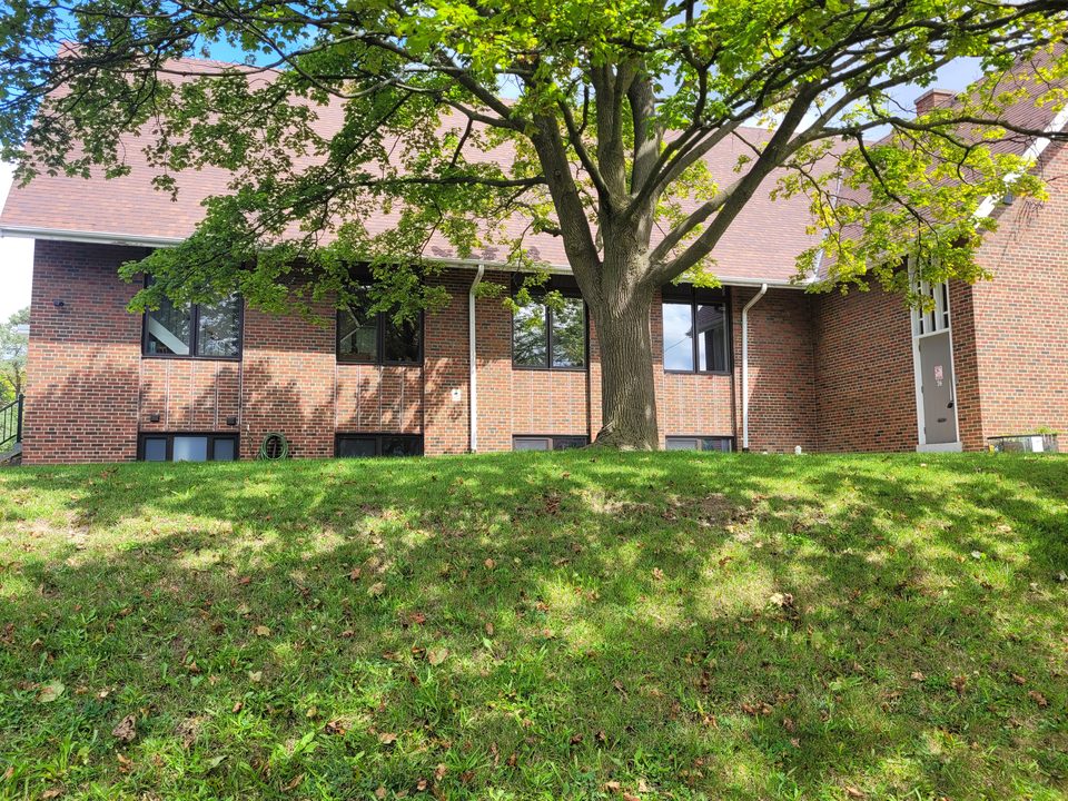 The red brick building at 36 Broadlands Blvd seen from the front lawn, with a large maple in front of it and the entrance door at the right-hand end, marked 36