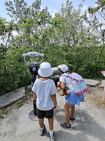 Two kids at a lookout viewfinder on a field trip, looking out over the valley